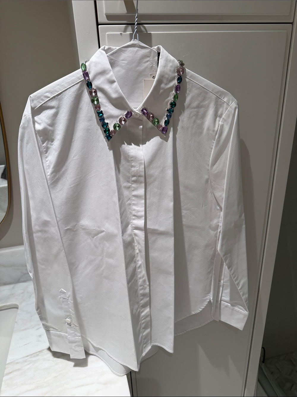 Zara White Button-Up Shirt with Multicolor Gem Collar